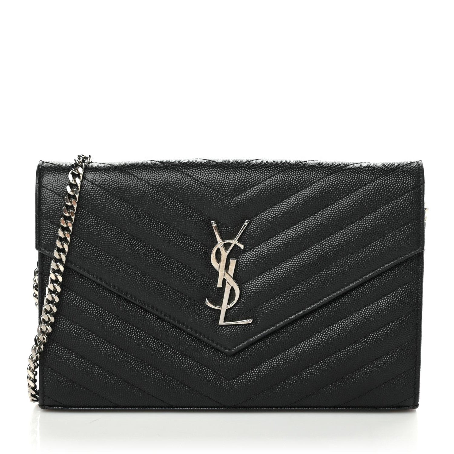 Saint Laurent Grain De Poudre Matelasse Chevron Monogram Chain Wallet Black 1 of 9