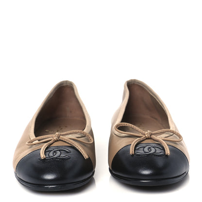 Chanel Lambskin Cap Toe CC Ballerina Flats 36 Beige Black 3 of 9