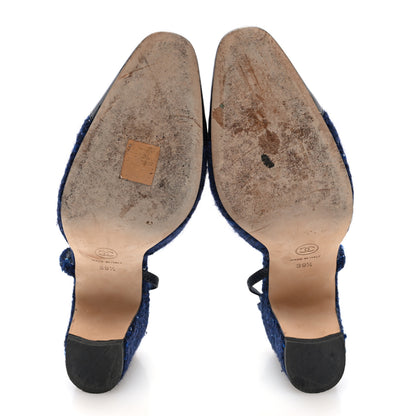 Chanel Tweed Patent Cap Toe CC Slingback Pumps 39.5 Blue Black 11 of 18