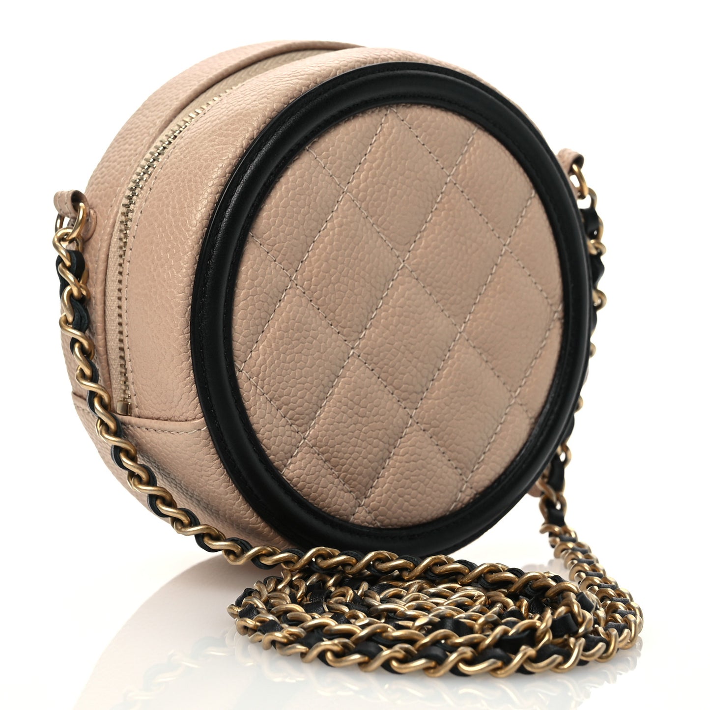 Caviar Quilted Round Filigree Crossbody Beige Black