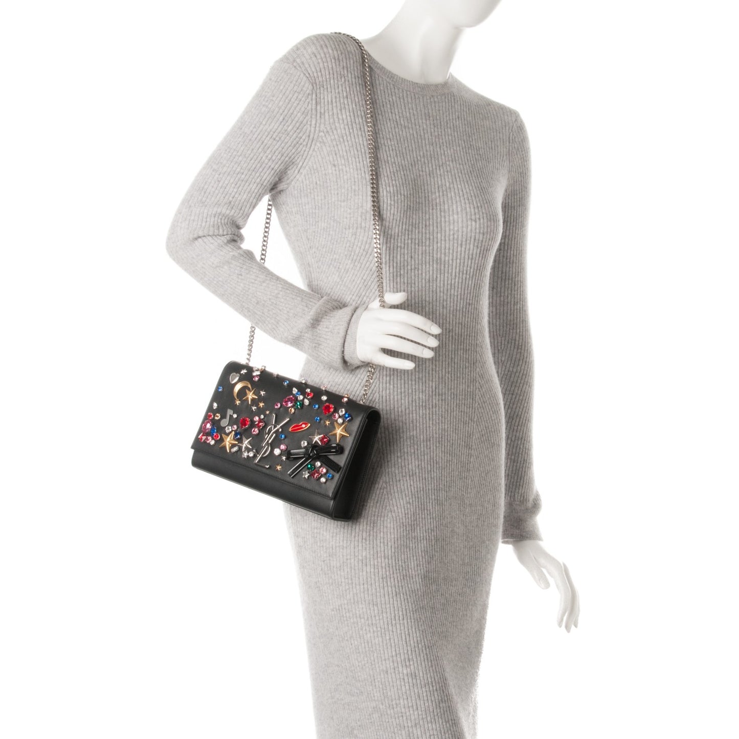 Calfskin Embellished Medium Monogram Kate Satchel Black