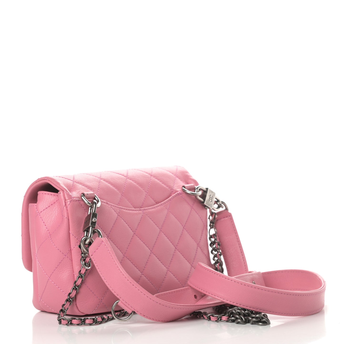 Shiny Goatskin Quilted Small Double Carry Waist Chain Flap Pink