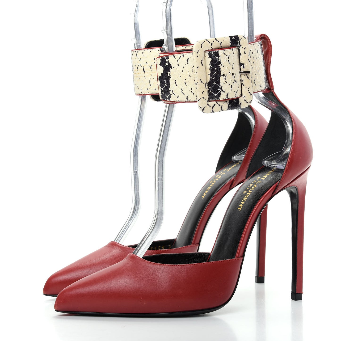 Calfskin Snakeskin Ankle Strap Pumps 38.5 Red Cream