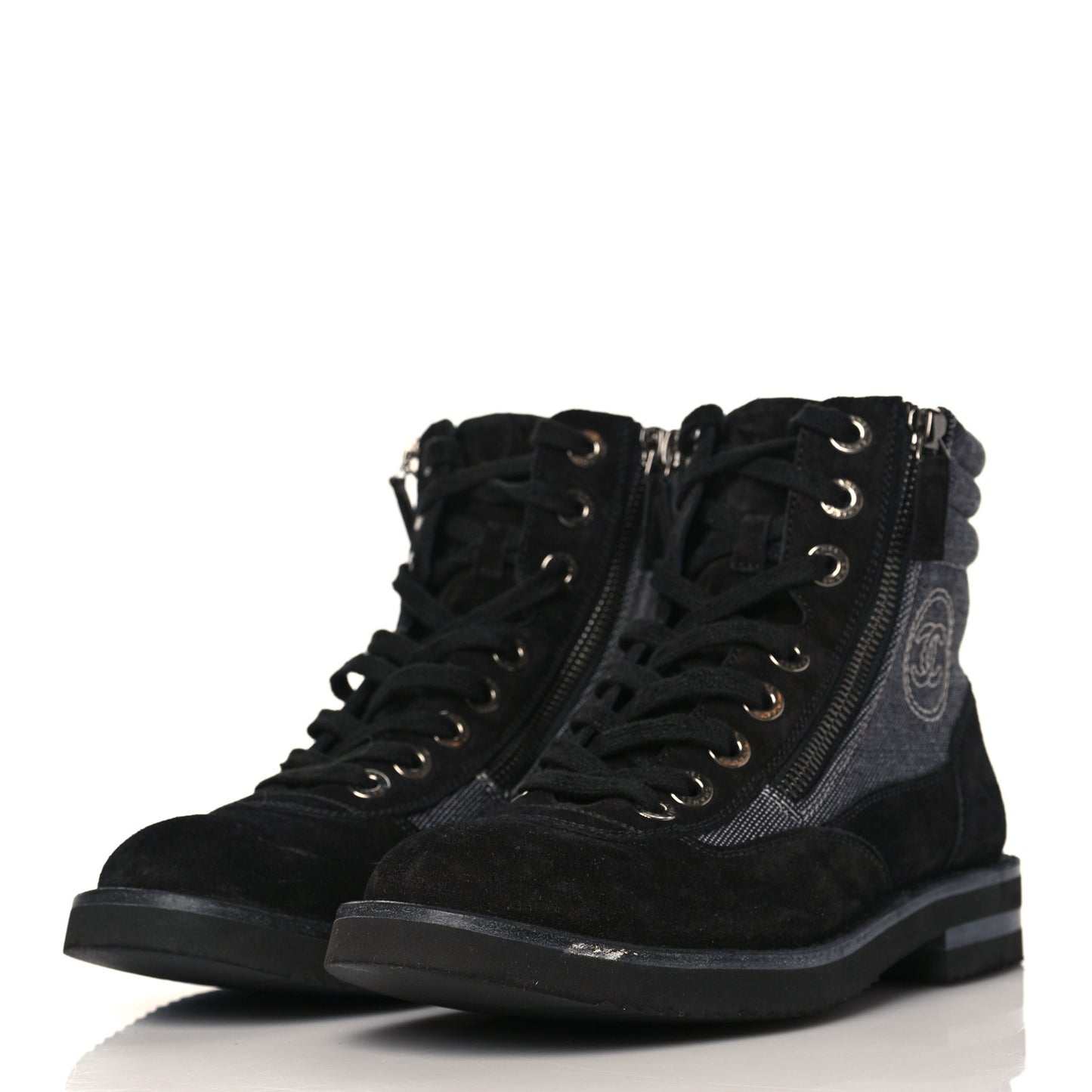 Toile Suede Calfskin CC Lace Up Short Boots 37 Dark Grey