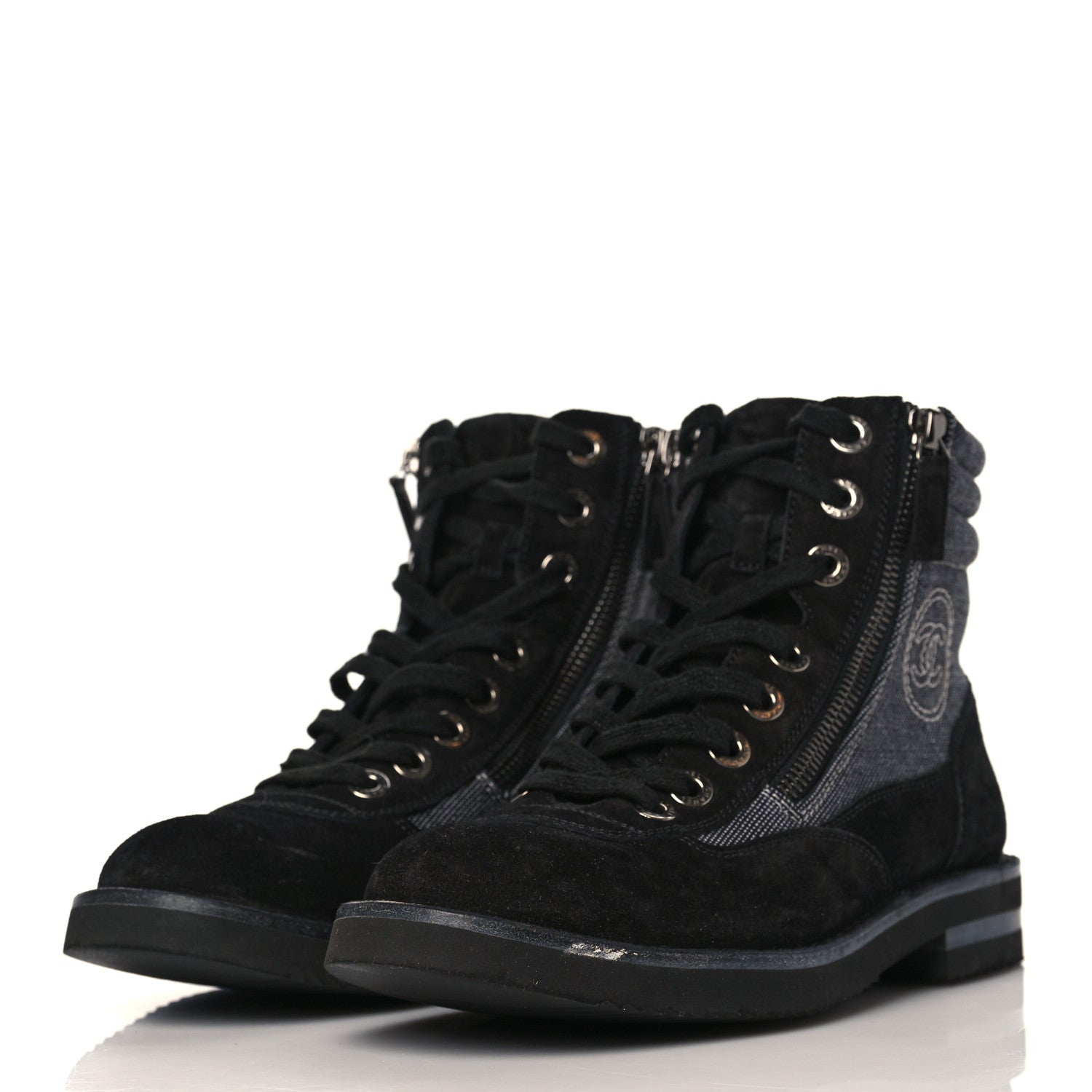 Chanel Toile Suede Calfskin CC Lace Up Short Boots 37 Dark Grey 2 of 10