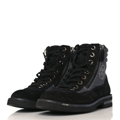 Chanel Toile Suede Calfskin CC Lace Up Short Boots 37 Dark Grey 2 of 10