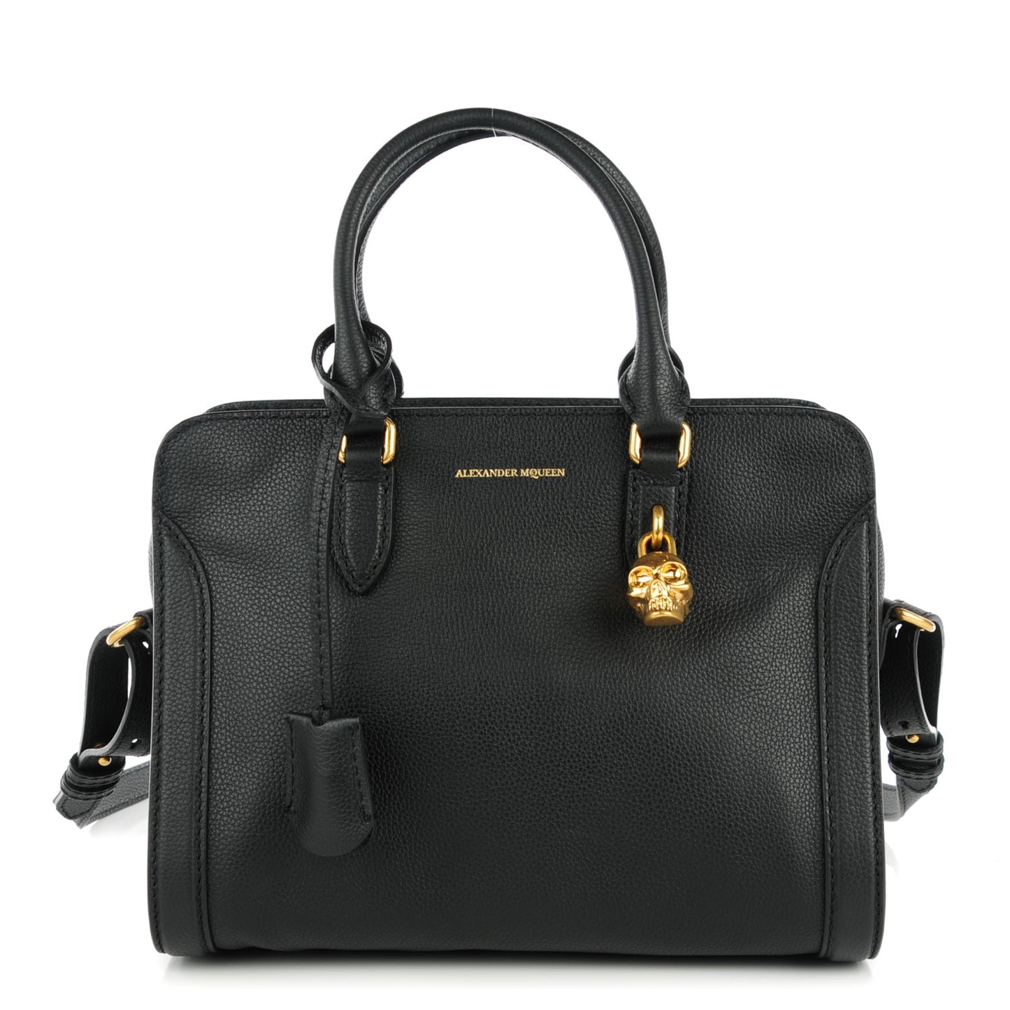 Grainy Calfskin Small Skull Padlock Zip Around Tote Black