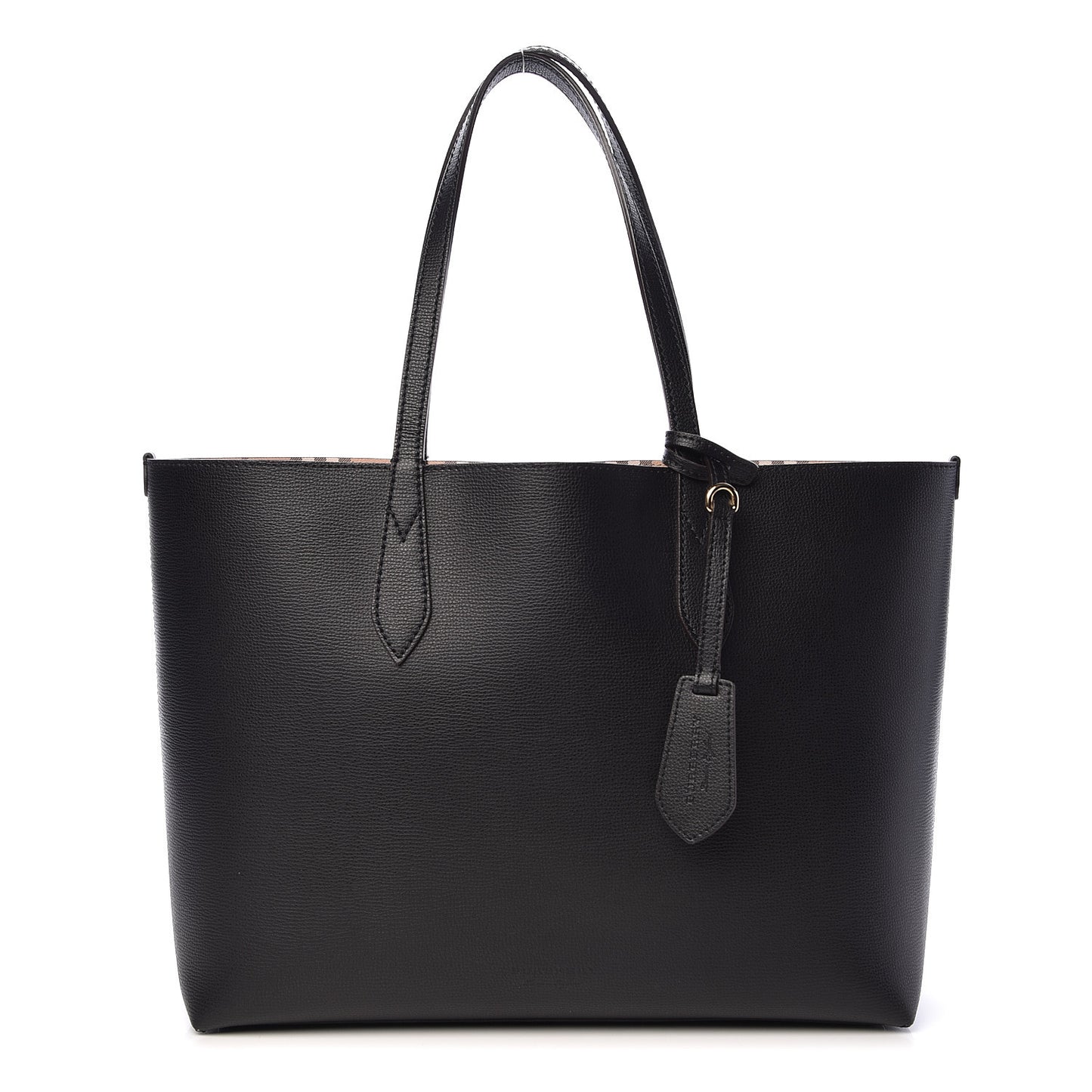Grainy Calfskin Haymarket Check Medium Reversible Tote Black