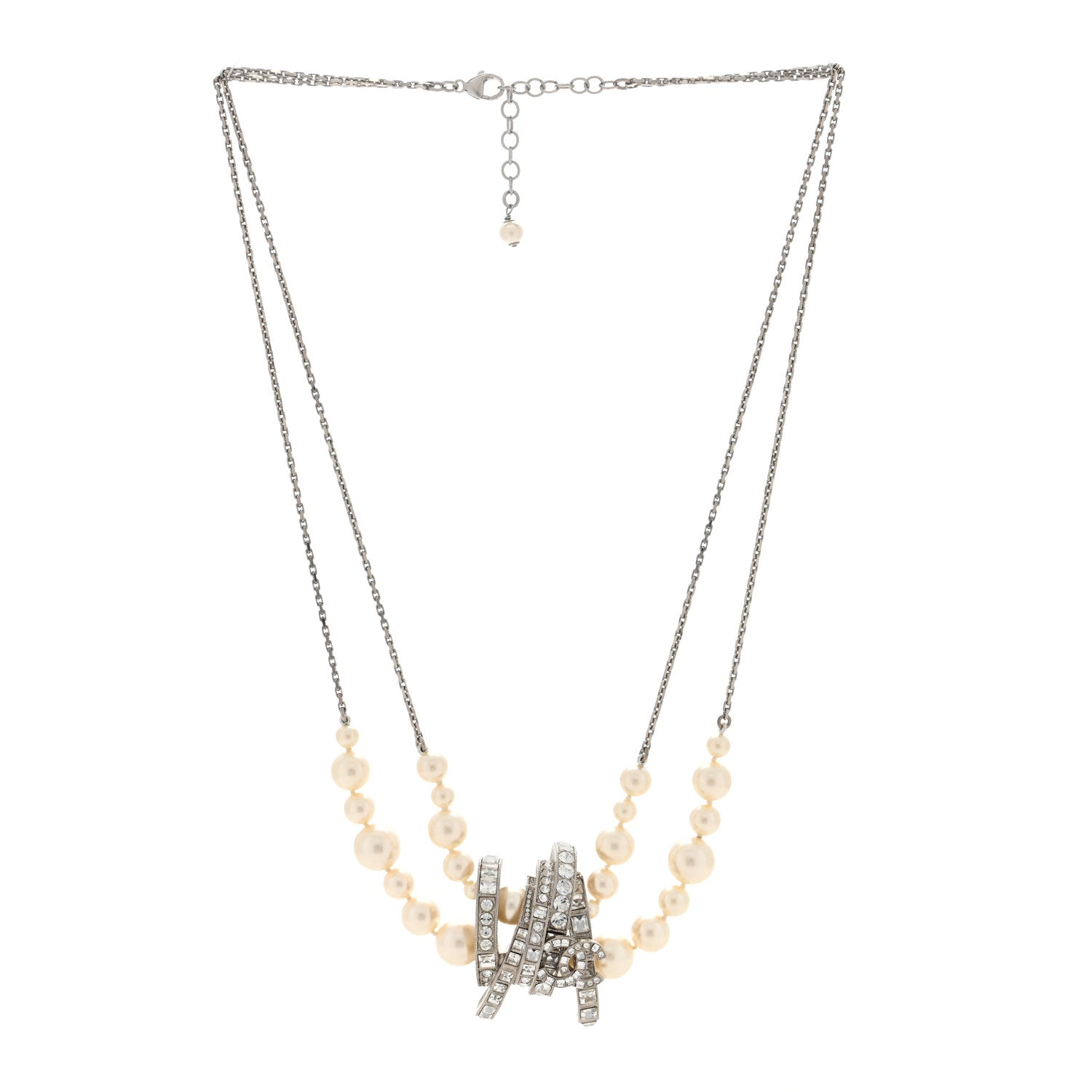 Chanel Graduated Pearl Crystal CC Long Necklace Silver 2 of 5