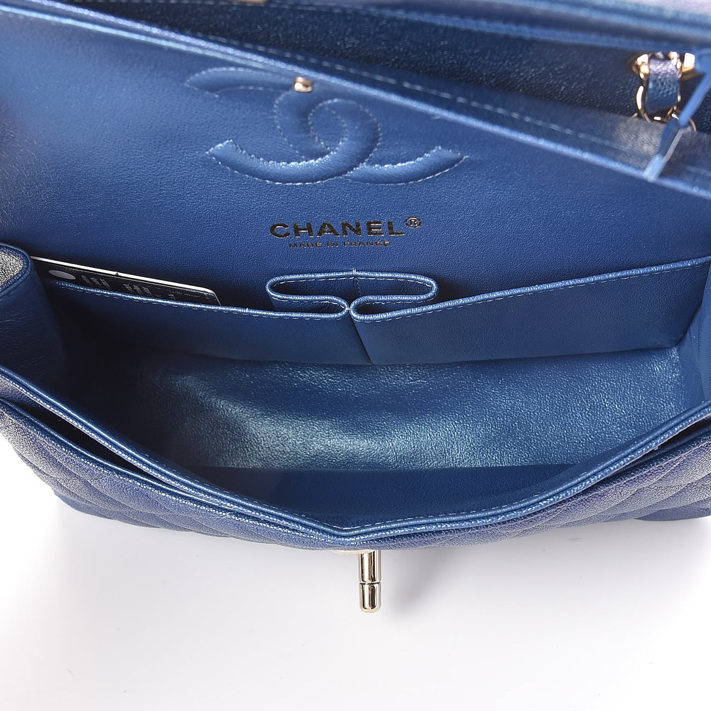 Iridescent Caviar Quilted Small Double Flap Dark Blue