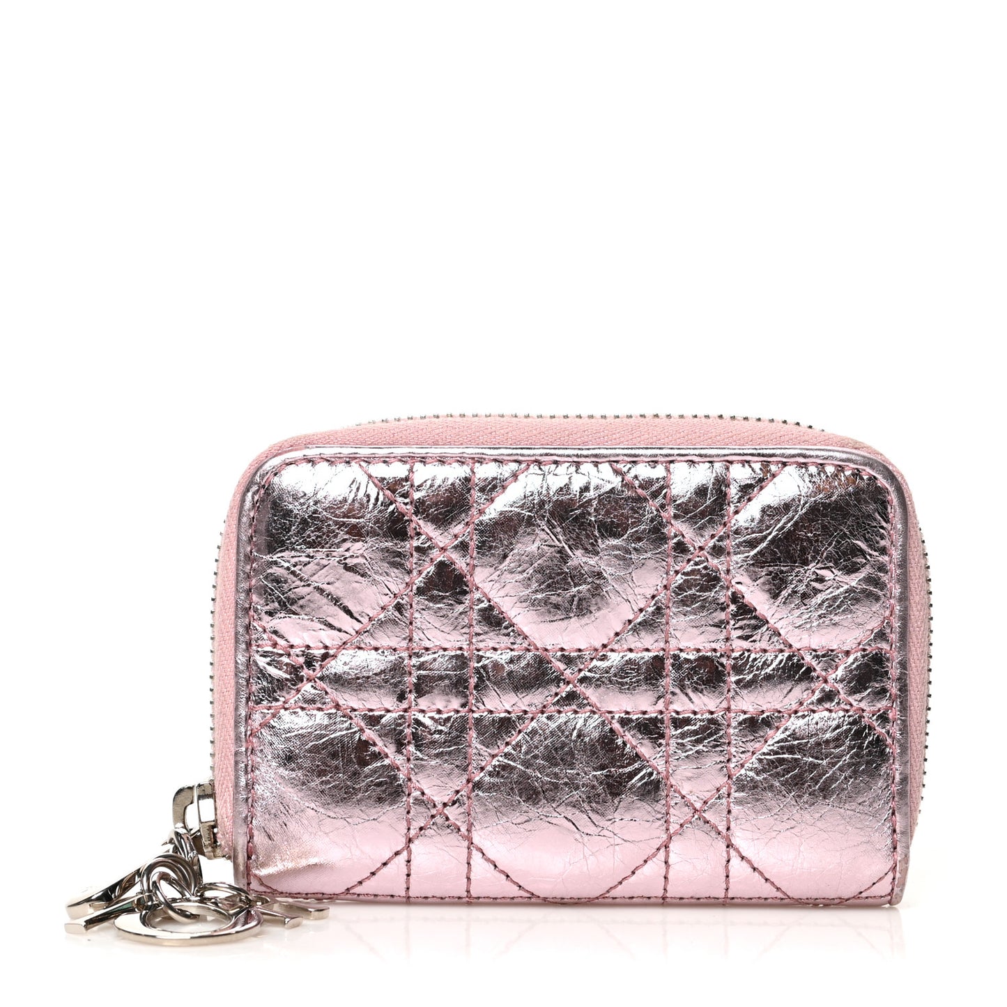 Metallic Calfskin Cannage Mini Lady Dior Zip Portemonnaie Pink