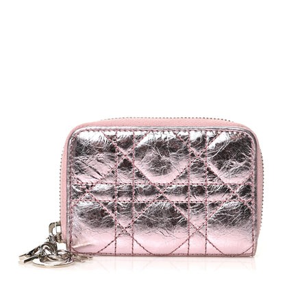 Christian Dior Metallic Calfskin Cannage Mini Lady Dior Zip Portemonnaie Pink 1 of 8