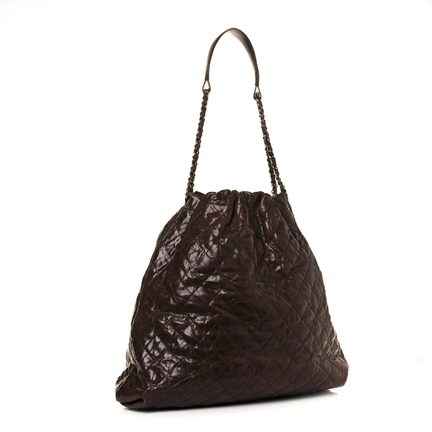 Distressed Glazed Caviar Quilted Large Elastic Tote Brown