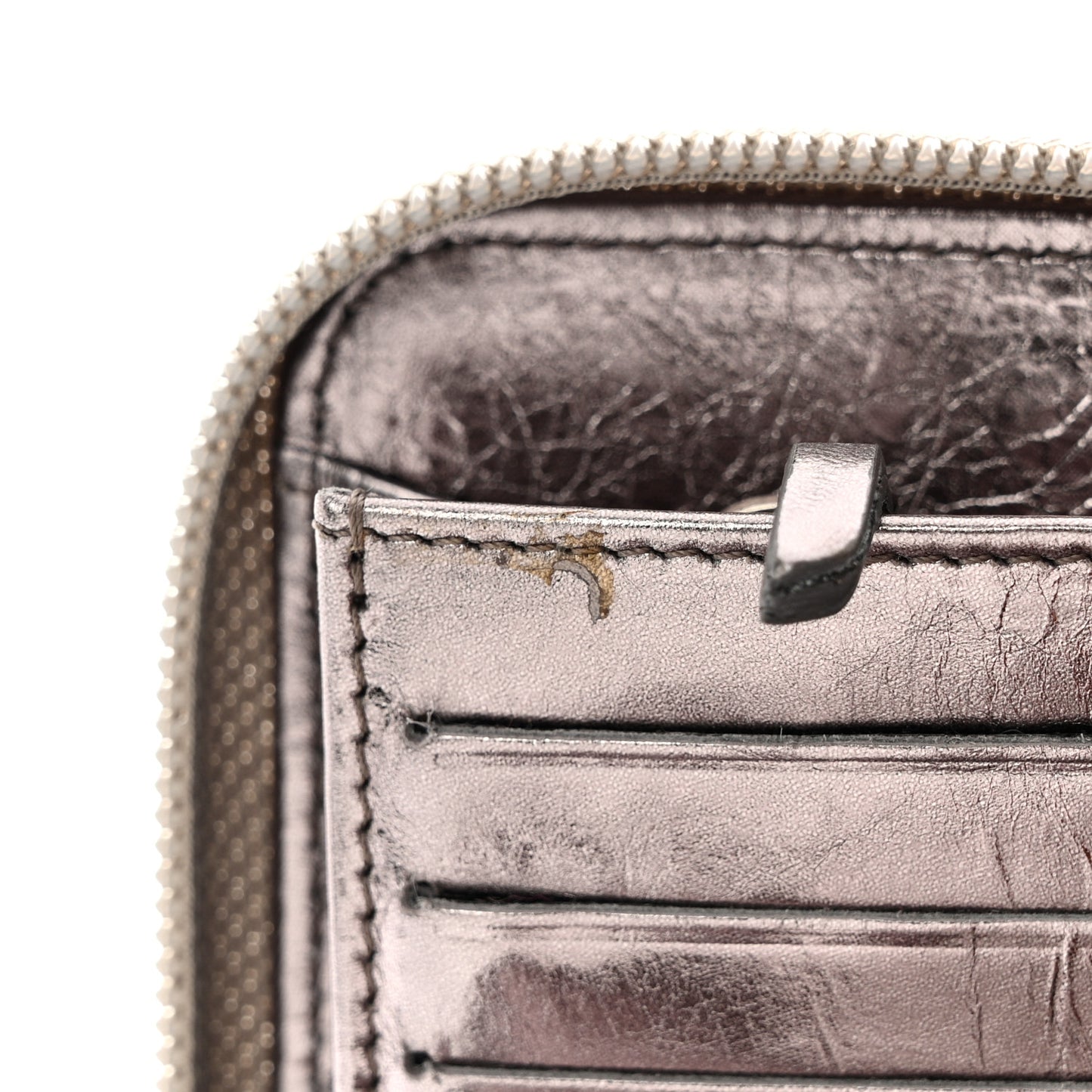 Metallic Aged Calfskin CC Bow Wallet Silver