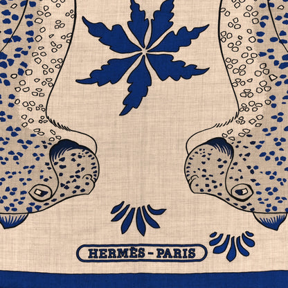 Hermes Cashmere Silk Les Leopards Shawl 140 Naturel Bleu Orange 2 of 3