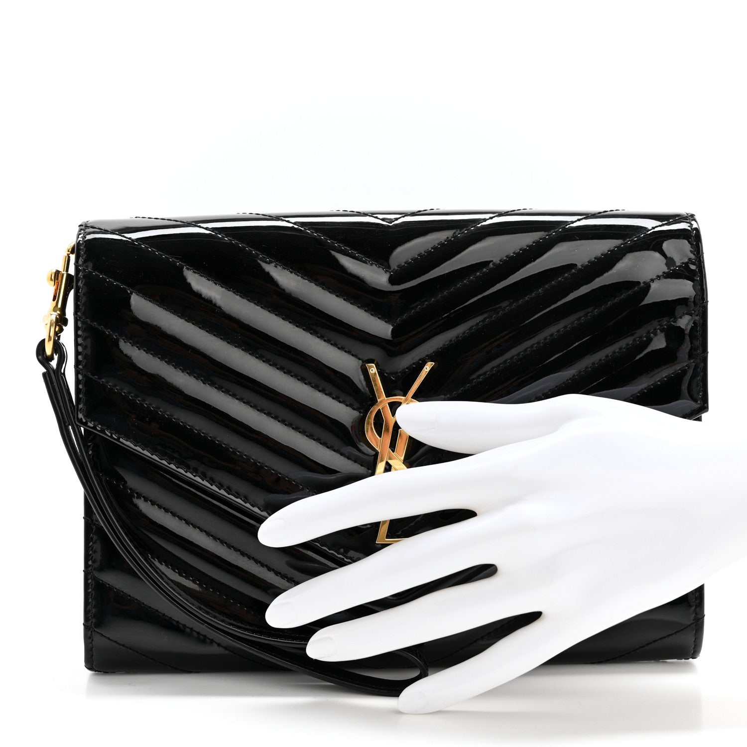 Saint Laurent Patent Matelasse Chevron Monogram Envelope Clutch Black 2 of 10