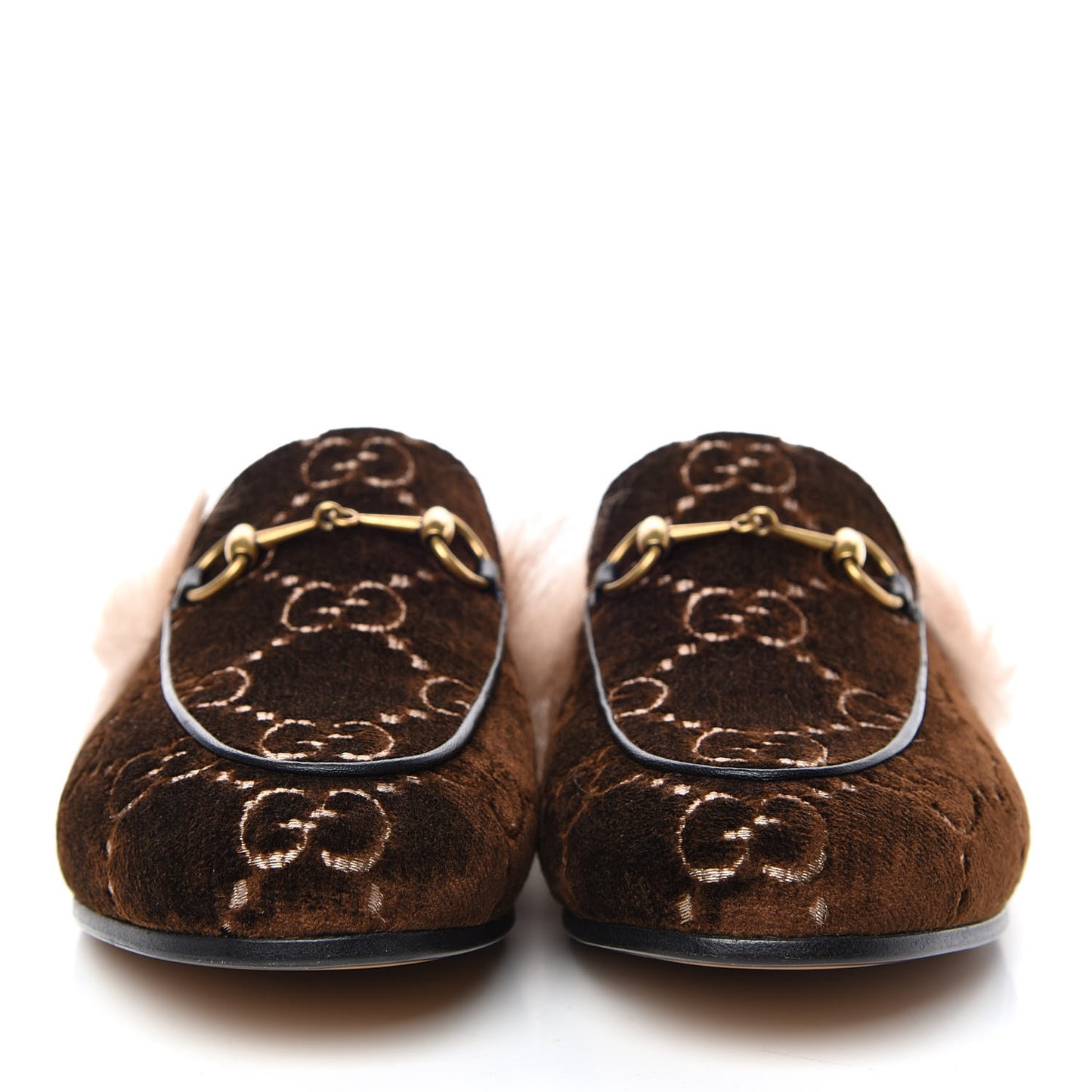 Velvet GG Monogram Fur Womens Princetown Slippers 38 Brown Black Natural