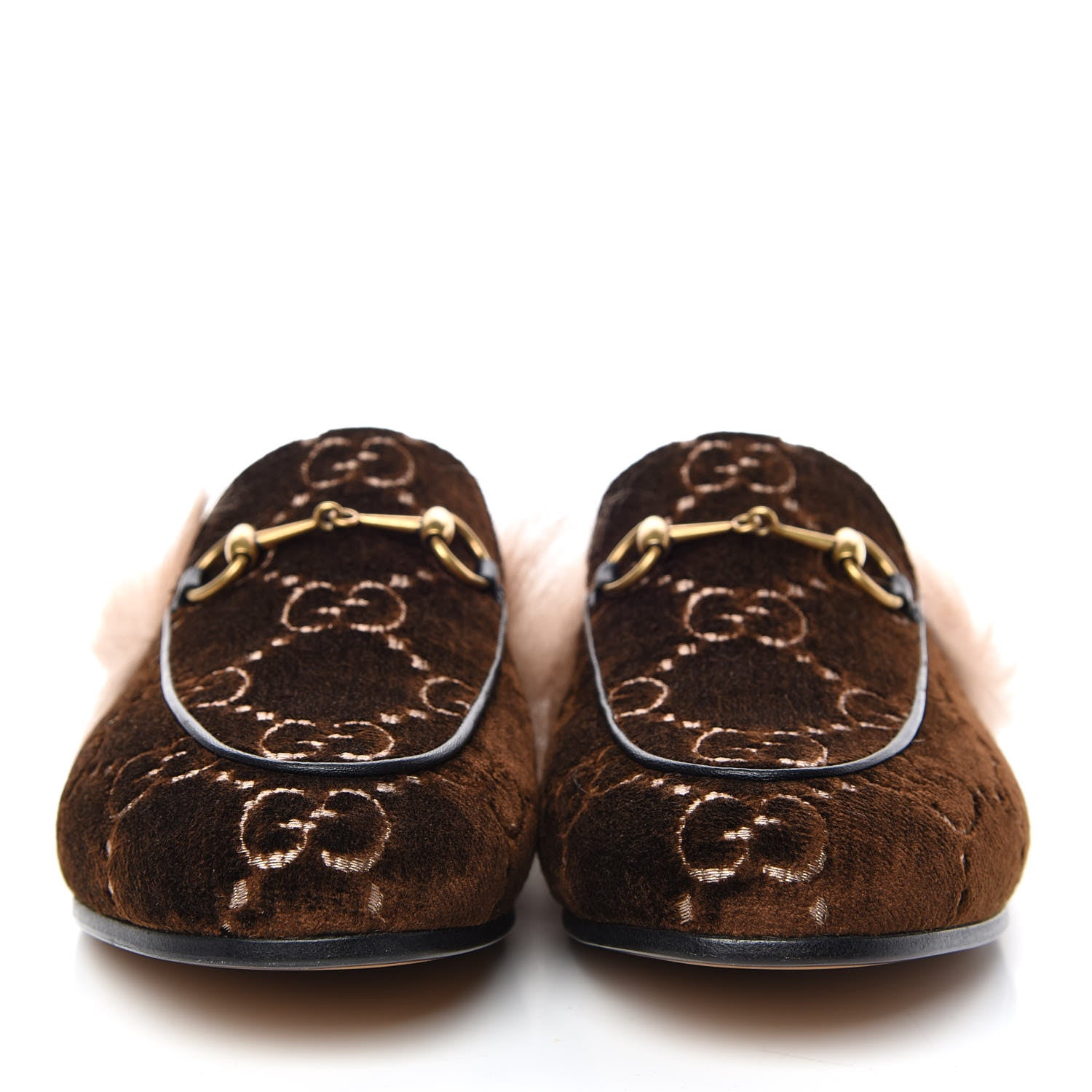 Gucci Velvet GG Monogram Fur Womens Princetown Slippers 38 Brown Black Natural 2 of 8