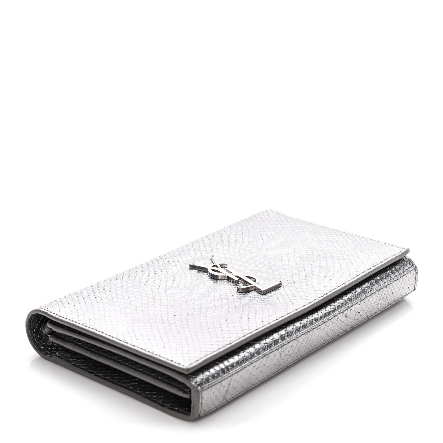 Metallic Calfskin Python Embossed Monogram Chain Wallet Silver