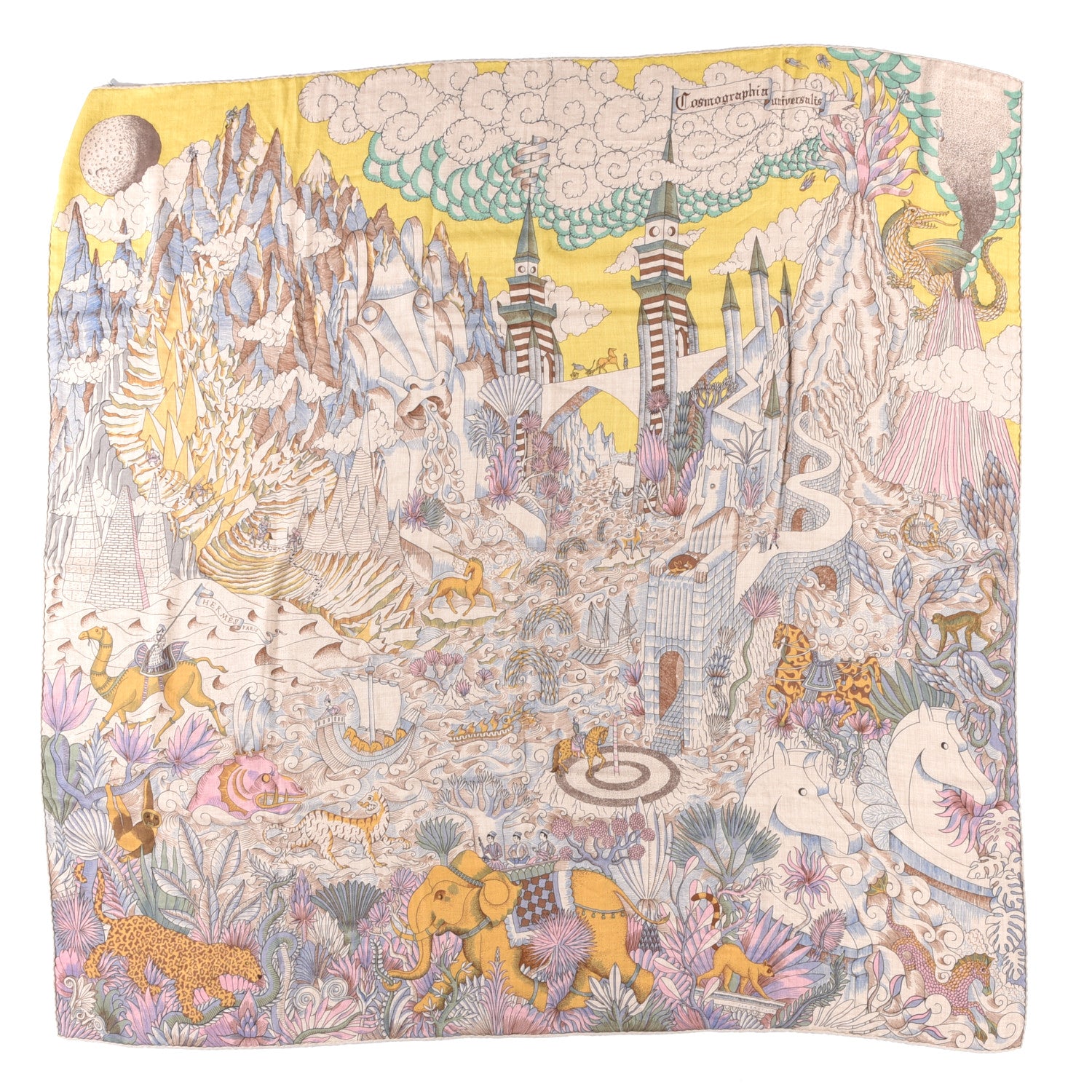 Hermes Cashmere Silk Cosmographia Universalis Shawl 140 Naturel Jaune Rose Pale 1 of 3