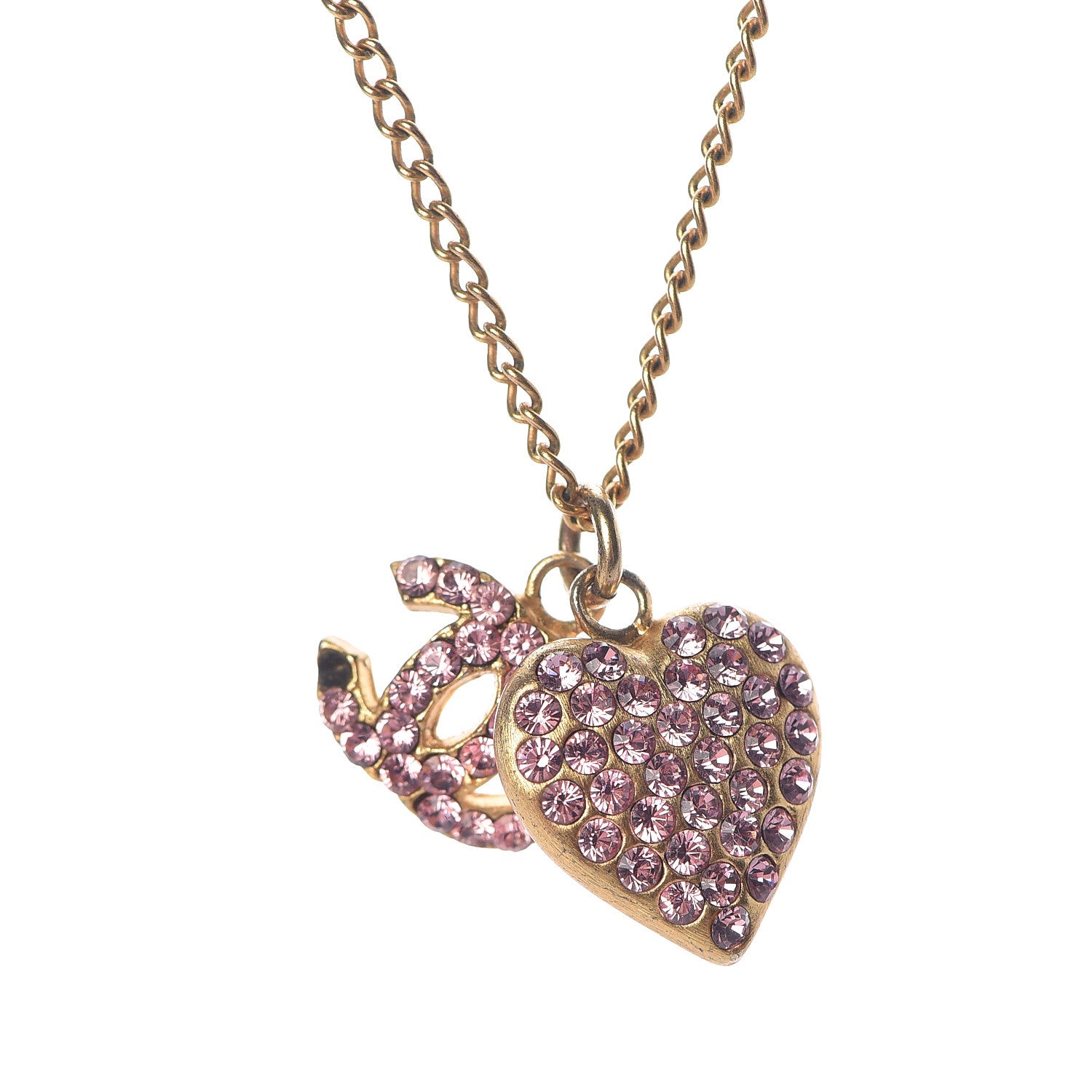 Chanel Crystal CC Heart Charm Necklace Gold Pink 4 of 9