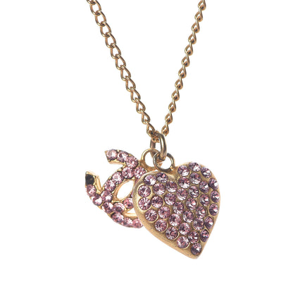 Chanel Crystal CC Heart Charm Necklace Gold Pink 4 of 9