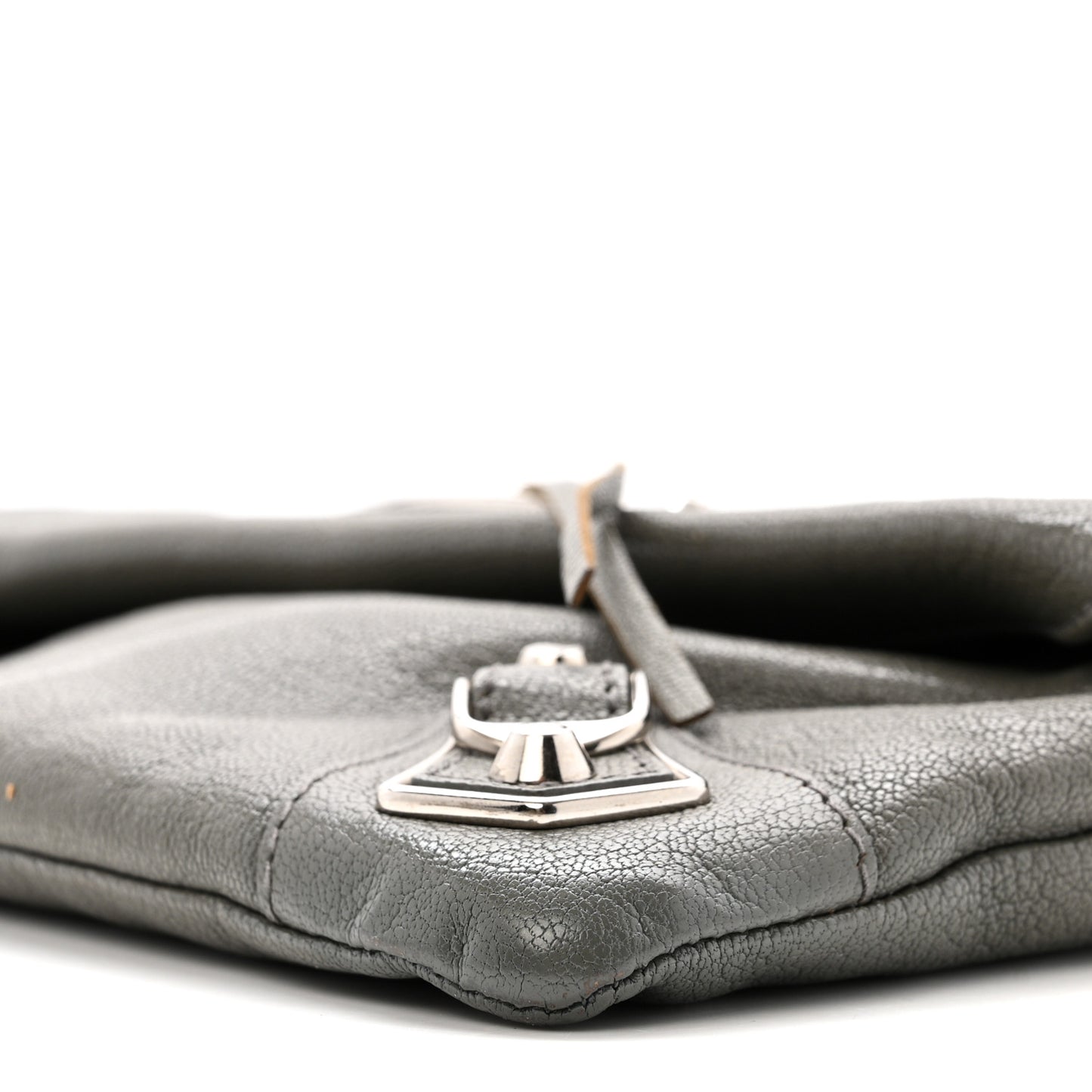 Chevre Silver Metallic Edge Hardware Envelope Clutch Gris Acier