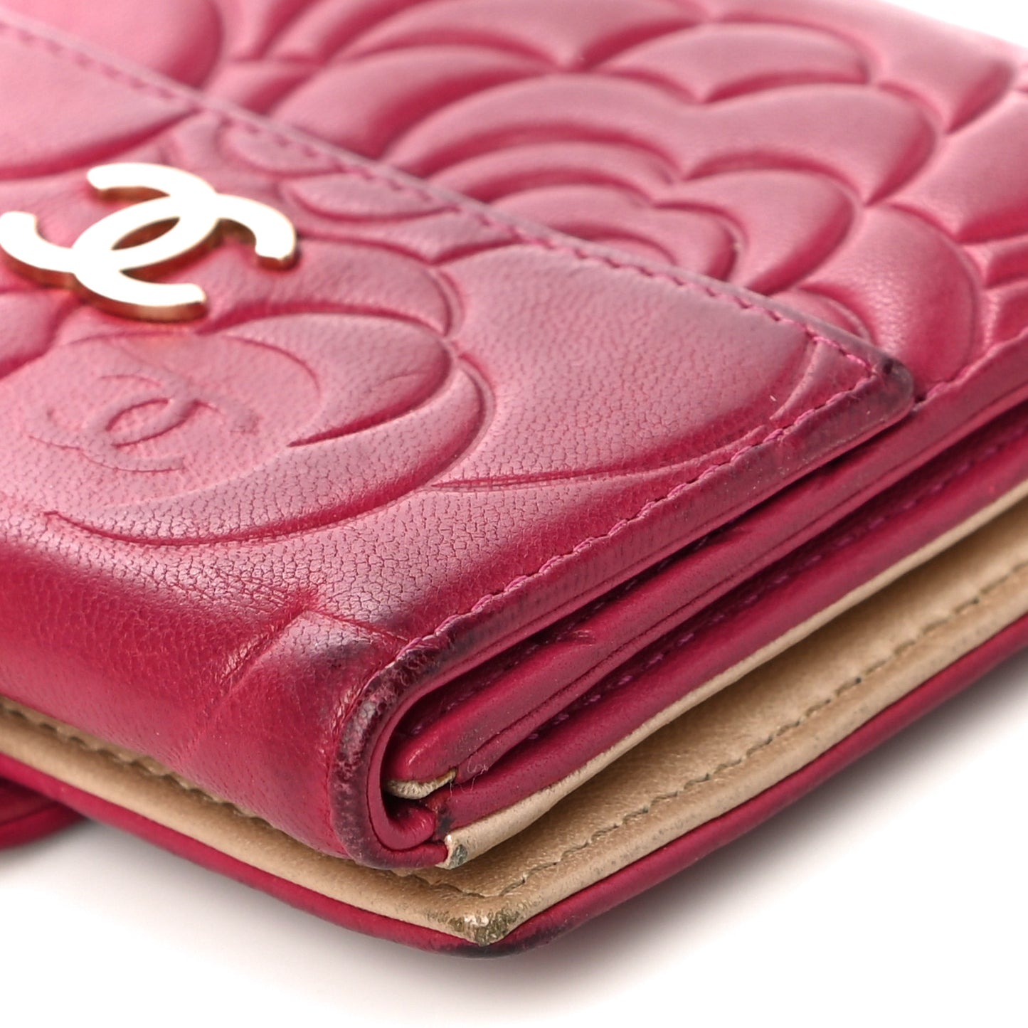 Lambskin Camellia Embossed French Wallet Dark Red