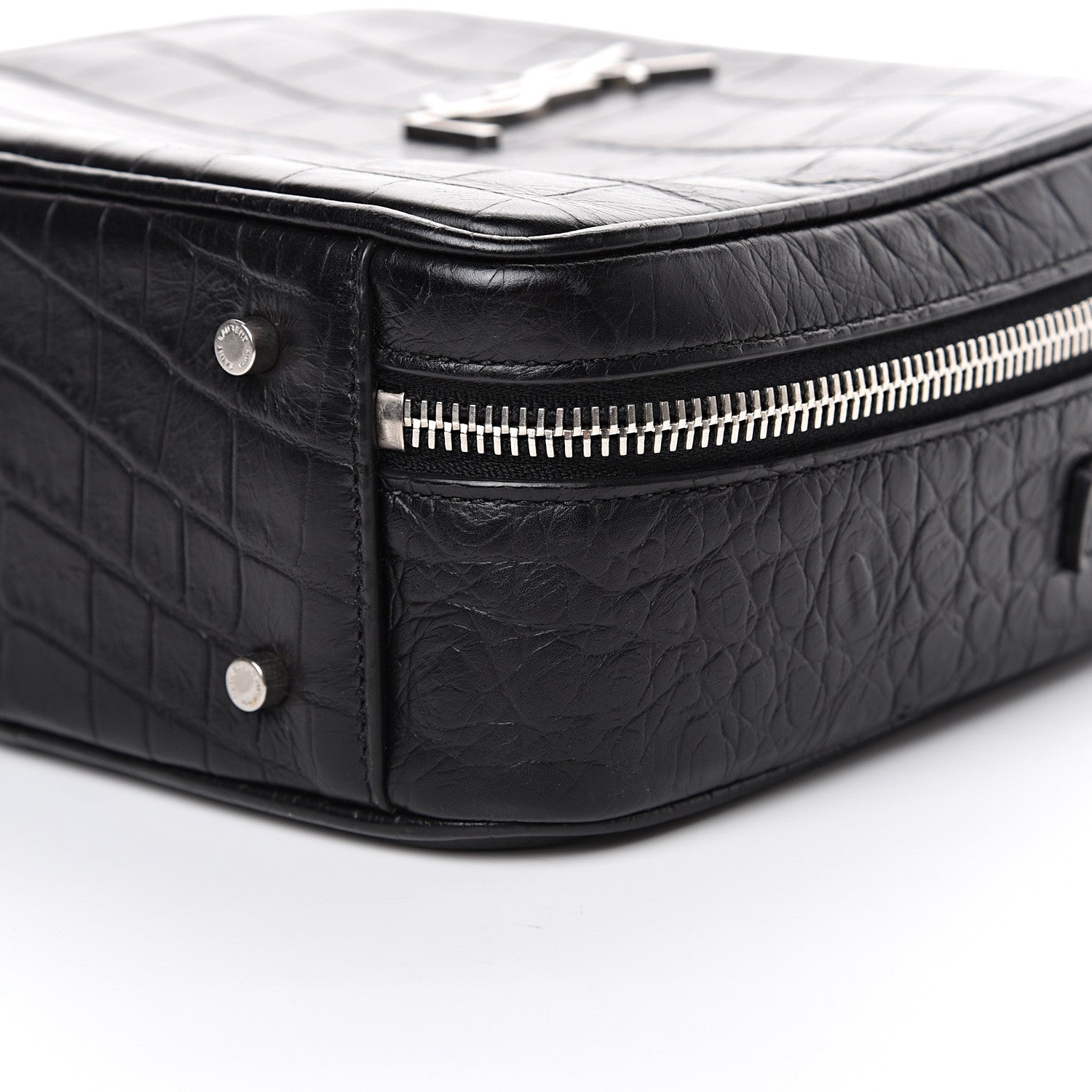 Saint Laurent Calfskin Crocodile Embossed Monogram Lunch Box Bag Black 12 of 15