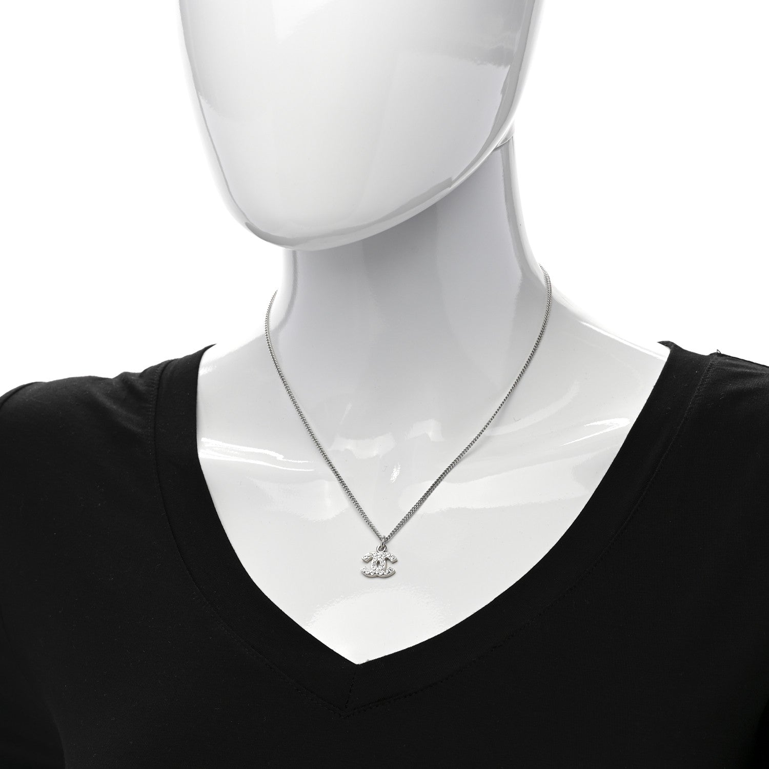 Chanel Crystal CC Pendant Necklace Silver 2 of 5
