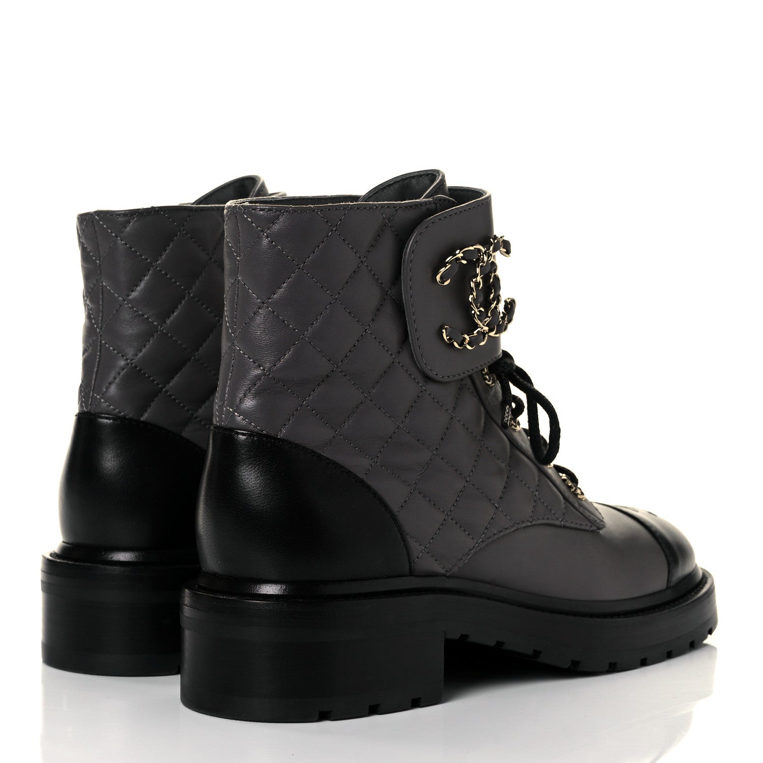 Chanel Shiny Lambskin Quilted Lace Up Combat Boots 38.5 Grey Black 4 of 8