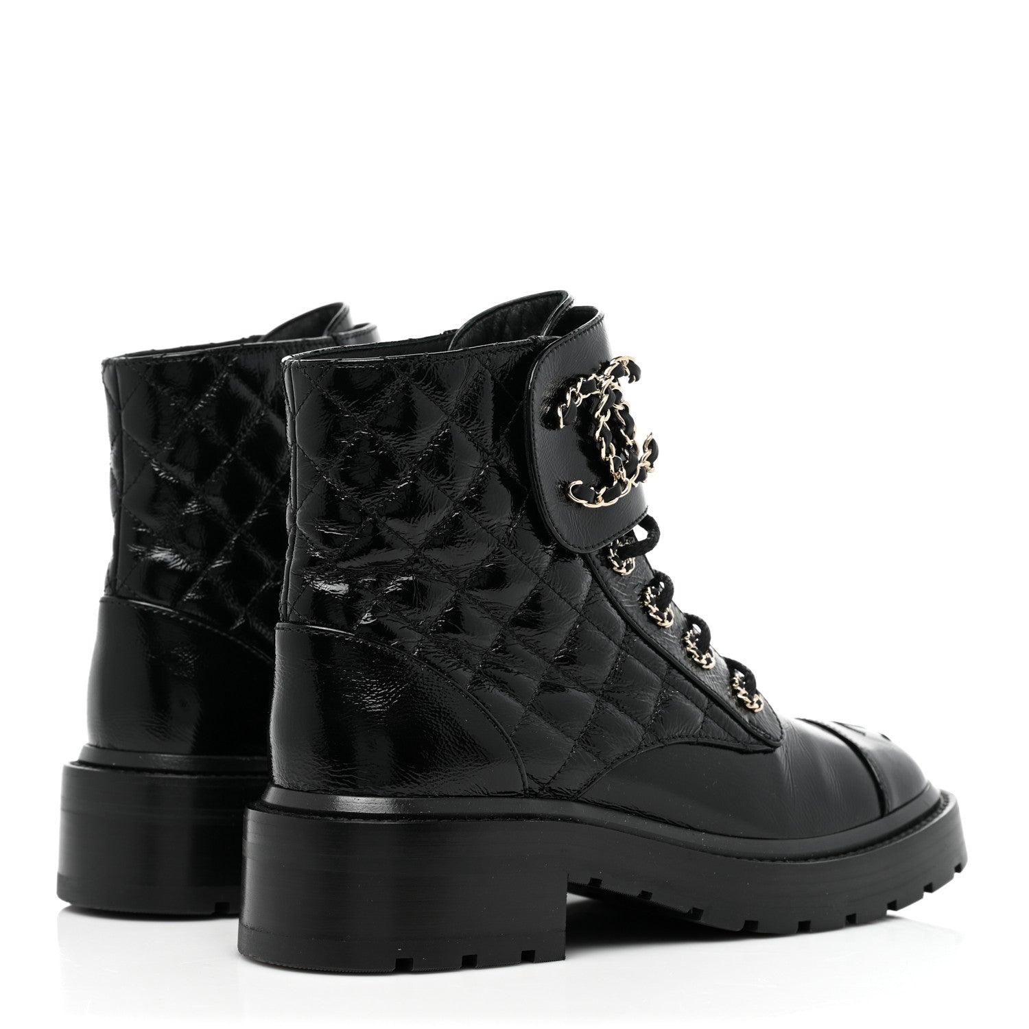Chanel Shiny Calfskin Quilted Lace Up Combat Boots 36 Black 4 of 10
