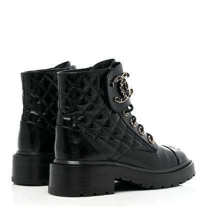 Chanel Shiny Calfskin Quilted Lace Up Combat Boots 36 Black 4 of 10