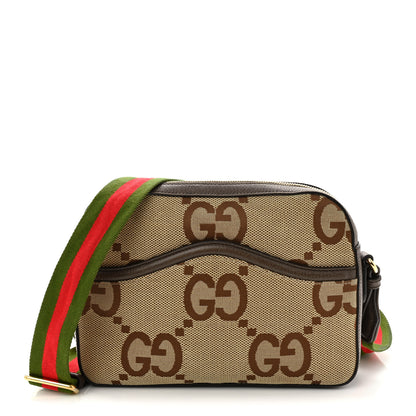 Gucci Monogram Jumbo GG Textured Dollar Calfskin Web Messenger Shoulder Bag Camel Ebony New Acero 1 of 14