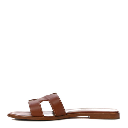 Hermes Box Calfskin Oran Sandals 37.5 Gold 1 of 15