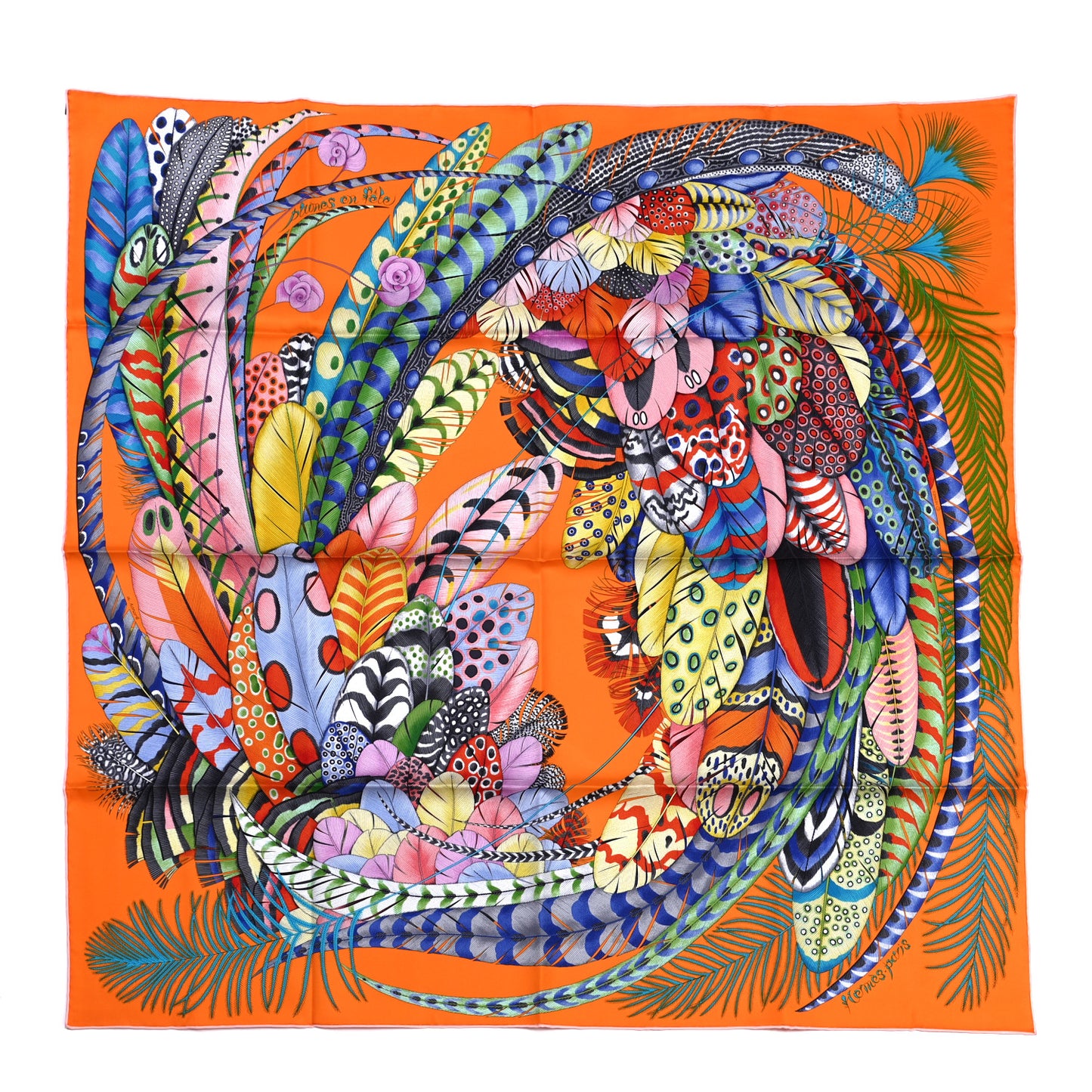 Silk Plumes En Fete Scarf 90 Orange Bleu Rose