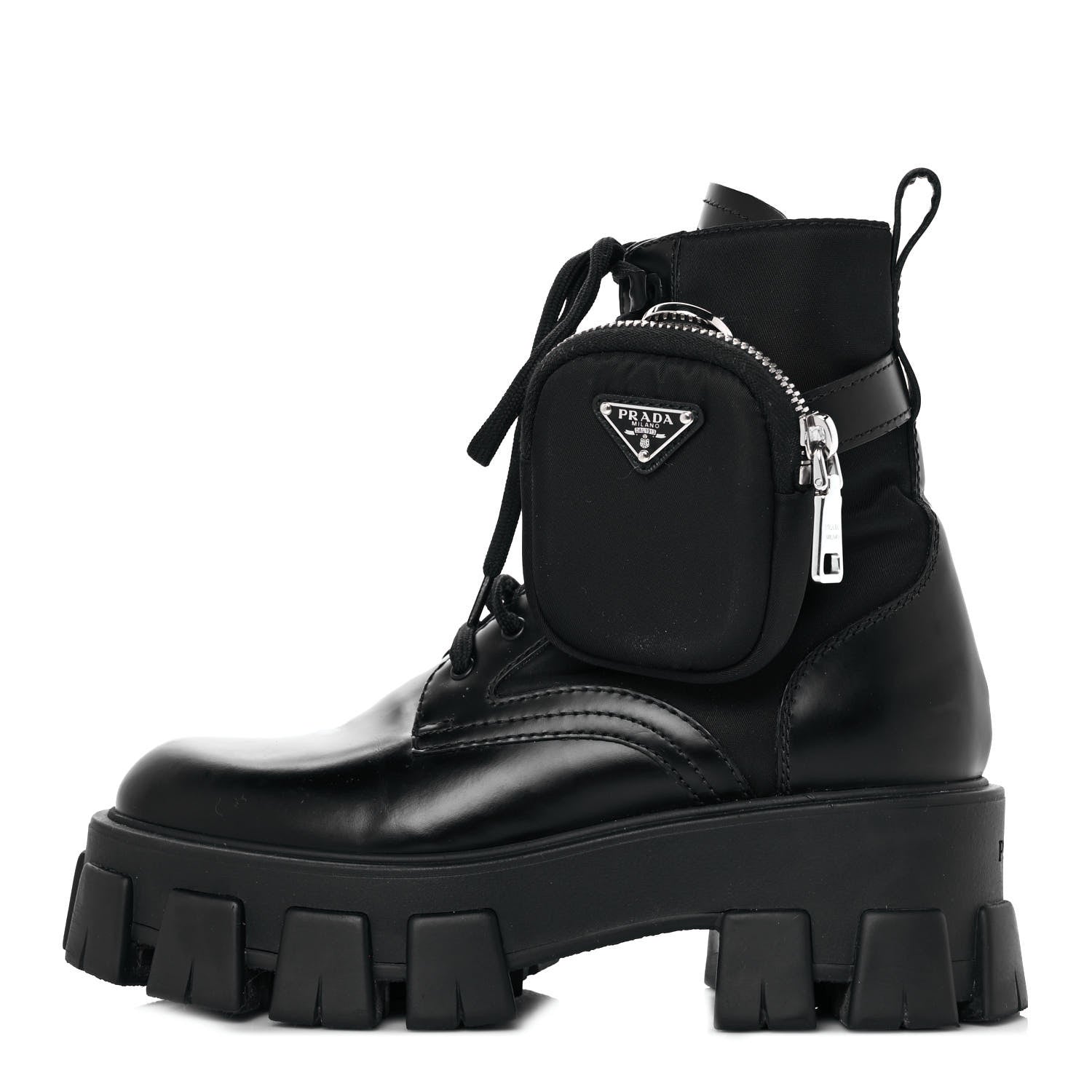 Prada Spazzolato Rois Nylon Metal Triangle Logo Monolith Pouch Pocket 55mm Boots 36 Black 1 of 7