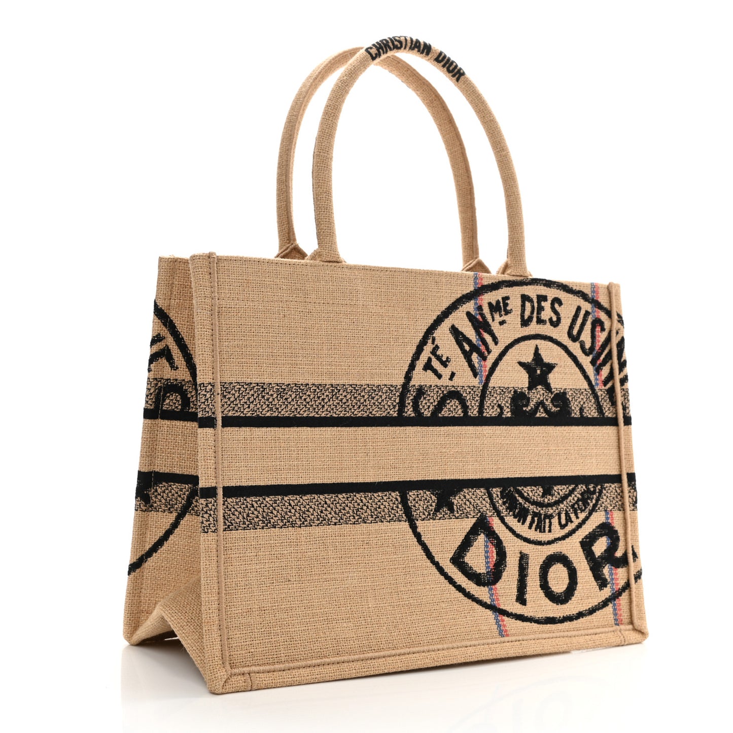 Canvas Jute Embroidered Medium Book Tote Black Beige