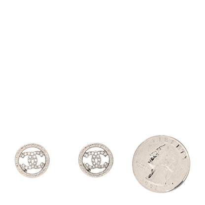 Chanel Metal Crystal Textured CC Round Earrings Silver 2 of 4