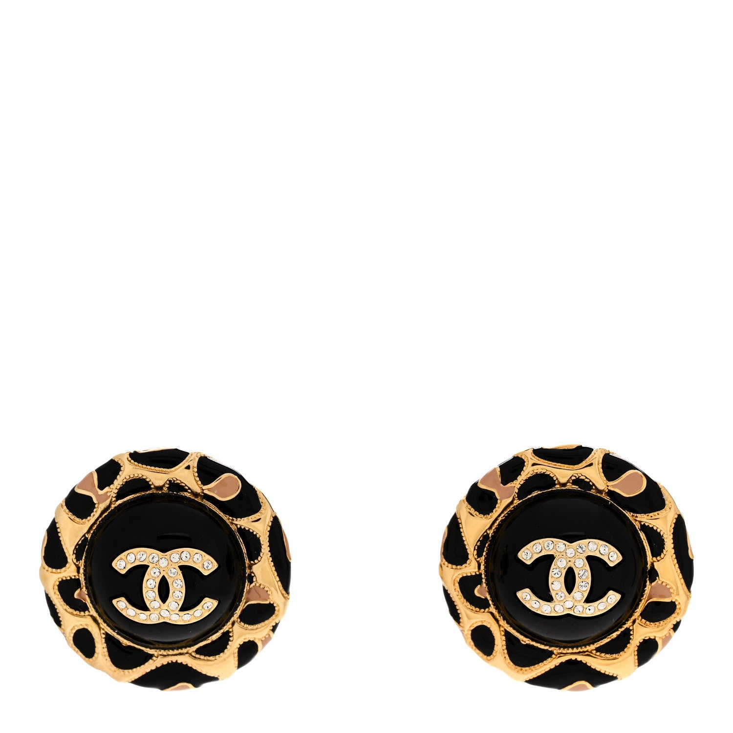 Chanel Metal Crystal Leopard Print CC Round Earrings Gold Black 1 of 5