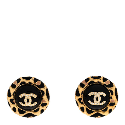 Chanel Metal Crystal Leopard Print CC Round Earrings Gold Black 1 of 5