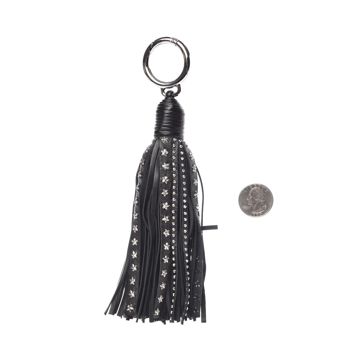 Calfskin Monogram Studded Fringe Key Ring Bag Charm Black