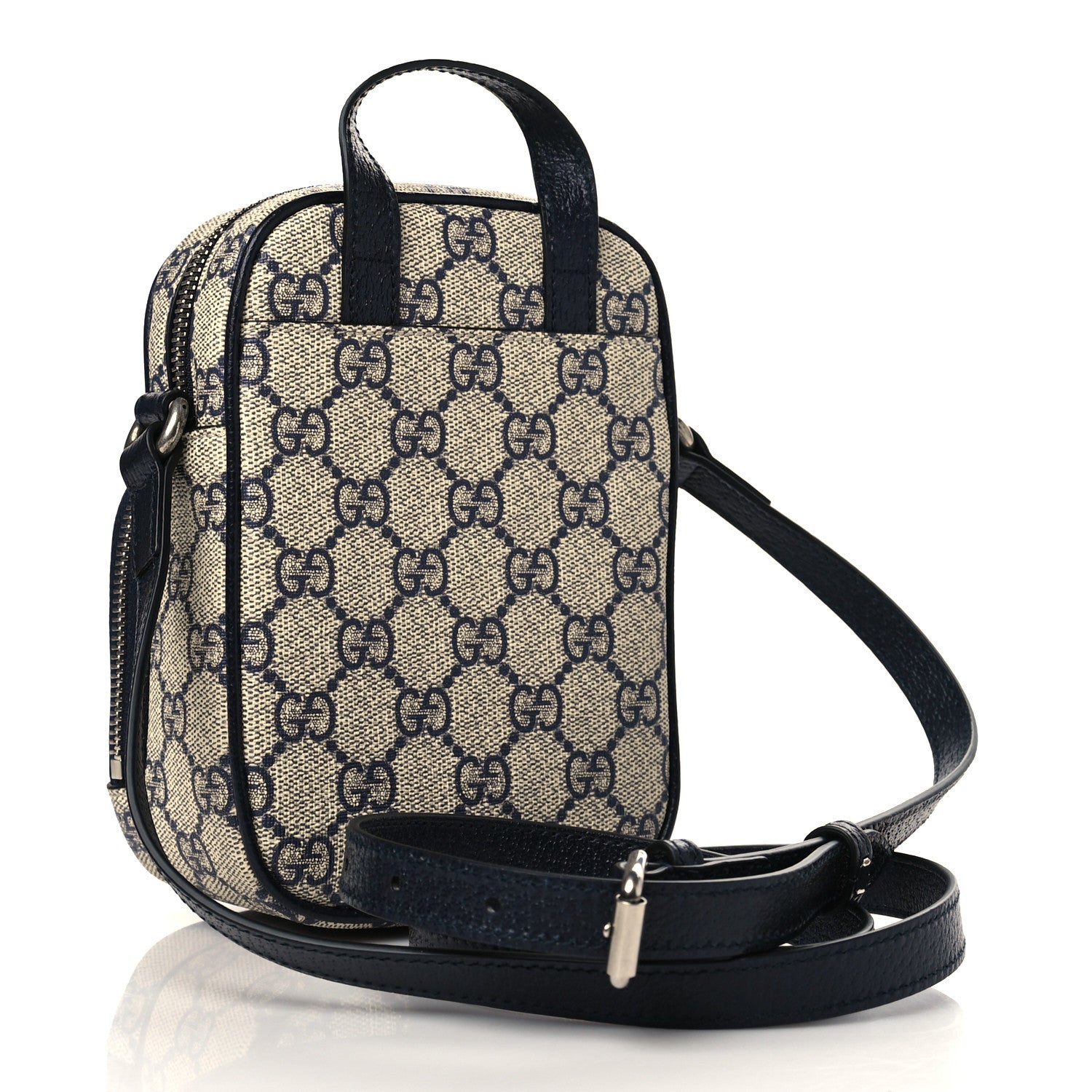 Gucci GG Supreme Monogram Textured Dollar Calfskin Web Mini Ophidia Double Zip Messenger Bag Beige Blue 3 of 7