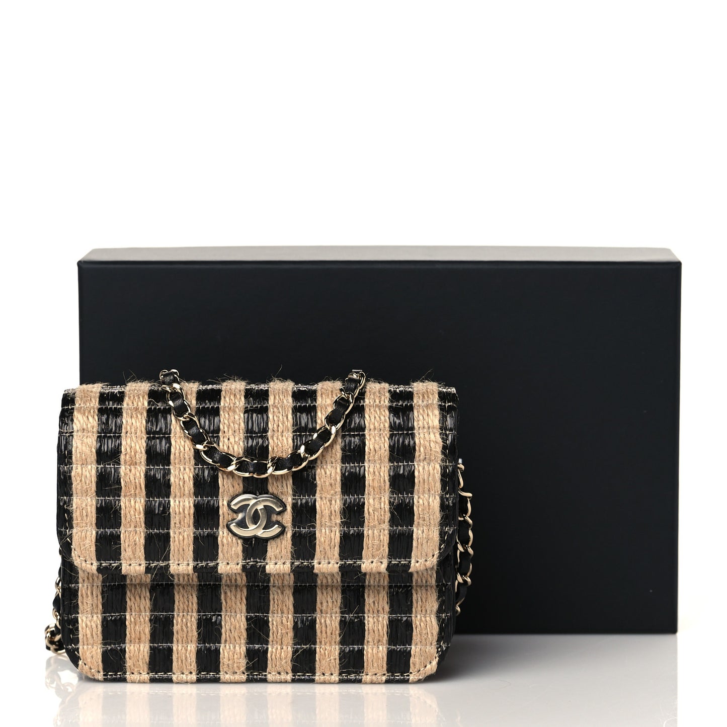 Raffia Jute Striped Belt Bag Black Beige