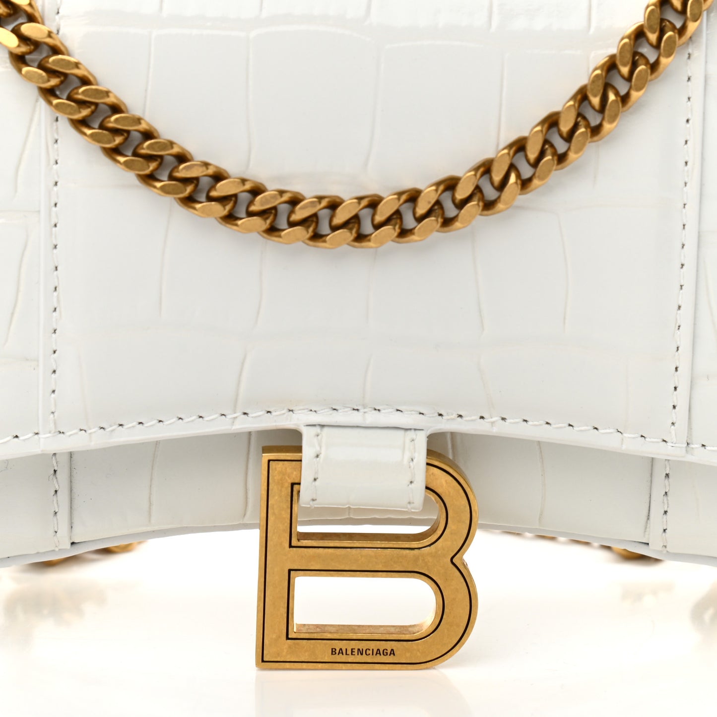 Shiny Calfskin Crocodile Embossed Hourglass Chain Bag White