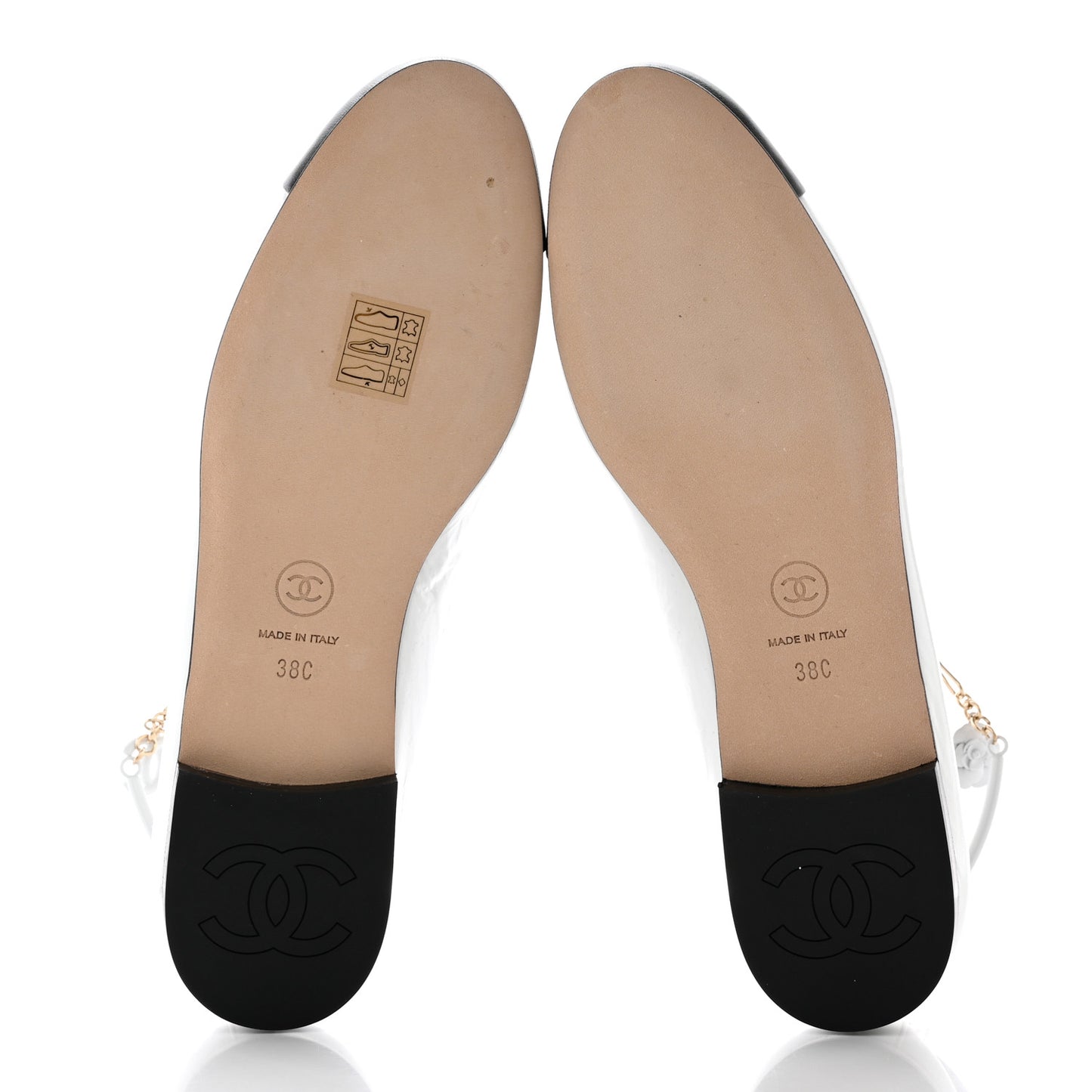 Shiny Lambskin Lambskin Metal Cap Toe Ankle Chain Ballerina Flats 38 White Black