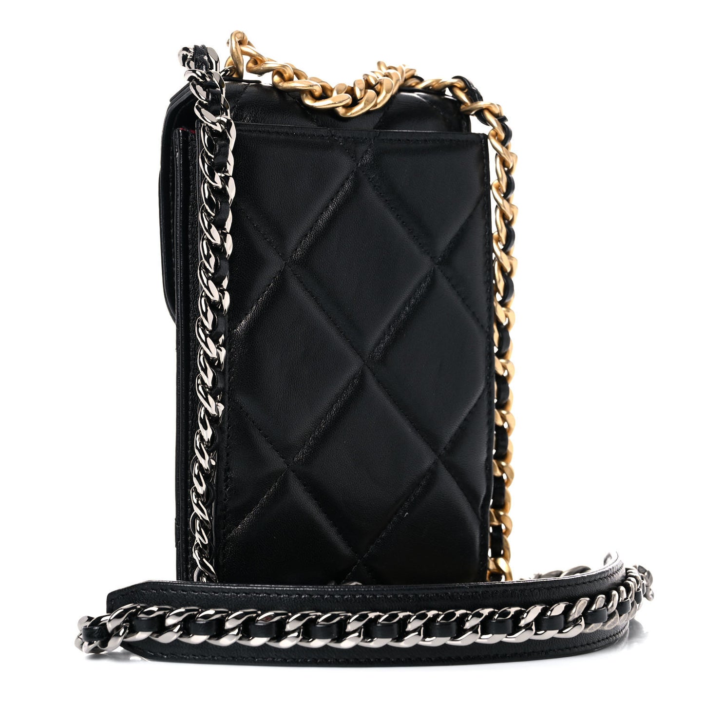 Lambskin Quilted Chanel 19 Phone Holder With Chain Black