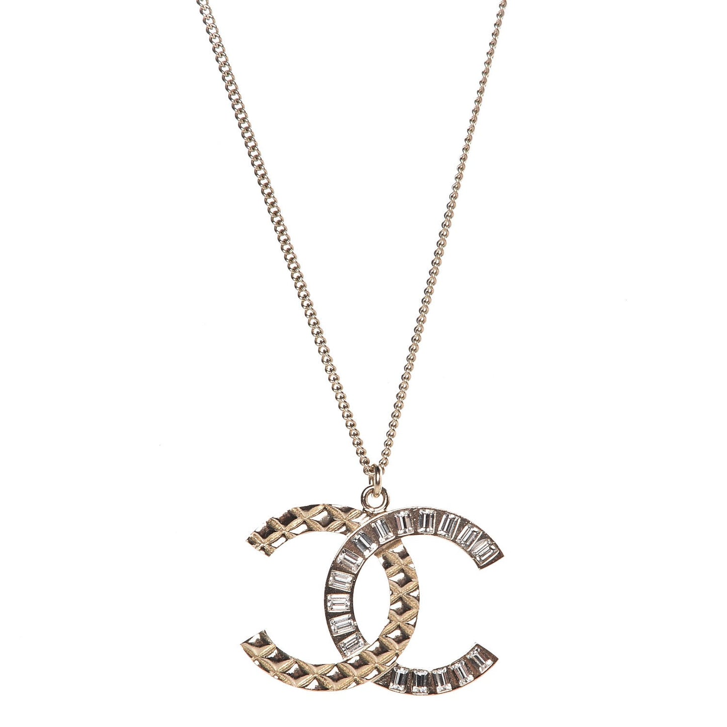Baguette Crystal Quilted CC Pendant Necklace Gold