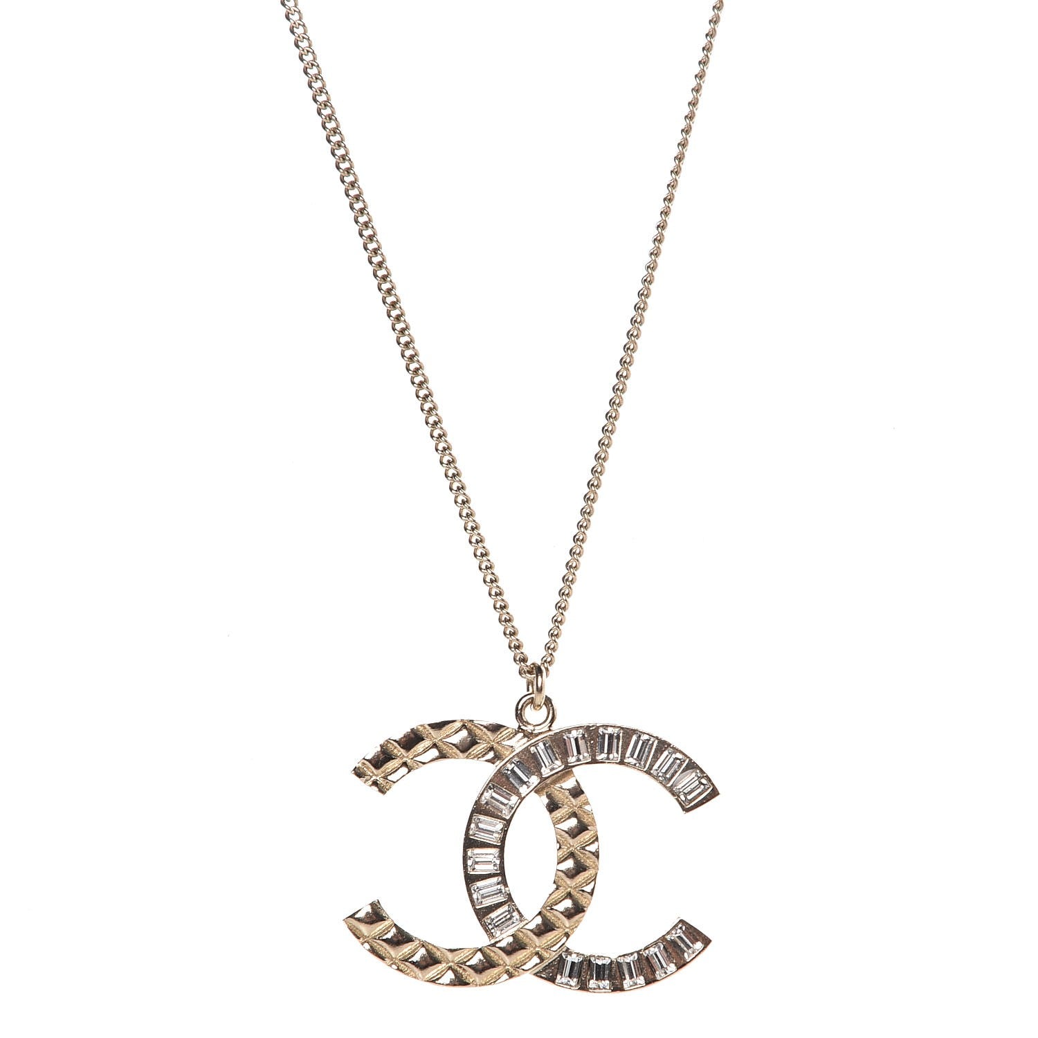 Chanel Baguette Crystal Quilted CC Pendant Necklace Gold 1 of 5