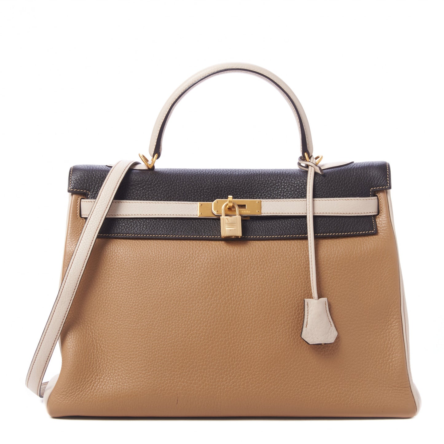 Taurillon Clemence Tri-Color Kelly Retourne 35 Tabac Camel Ebene Parchemin